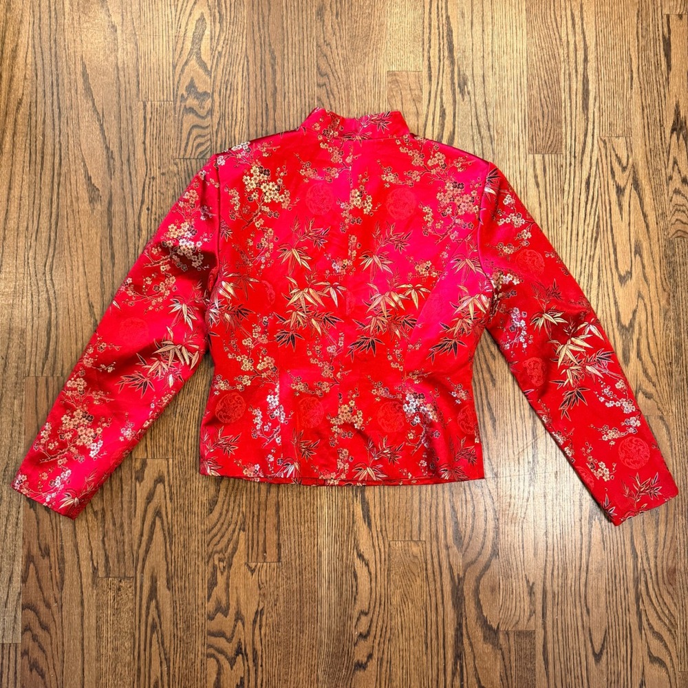 MSK Silk Blend Asian Inspired Floral Bamboo Jacquard Mandarin‎ Jacket 8 Red - Picture 5 of 9